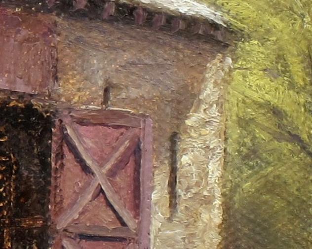 Bowman's Tower – Some old stone barns at Washington Crossing Park, with Bowman's Tower on the hill in the background, painting by Joe Kazimierczyk