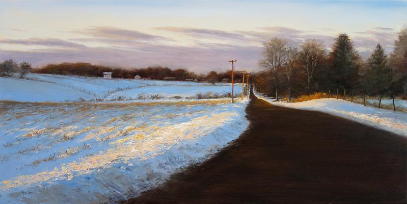 Cider Mill Road in Winter – Late winter afternoon on Cider Mill Road, Clover Hill, NJ, painting by Joe Kazimierczyk
