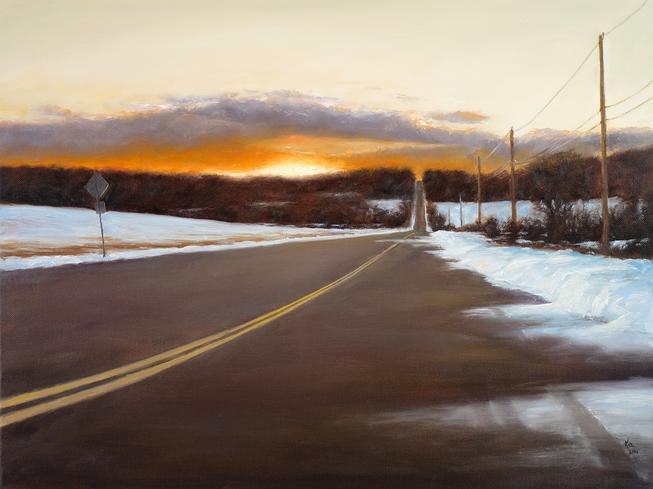 Grandview Sunset – A winter sunset on Grandview Road, Skillman, NJ, painting by Joe Kazimierczyk